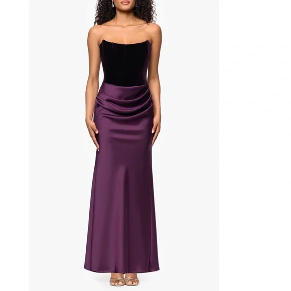 NEW Betsy & Adam PLUM Strapless CORSET Bustier VELVET & SATIN Draped GOWN 4 - Picture 2 of 13